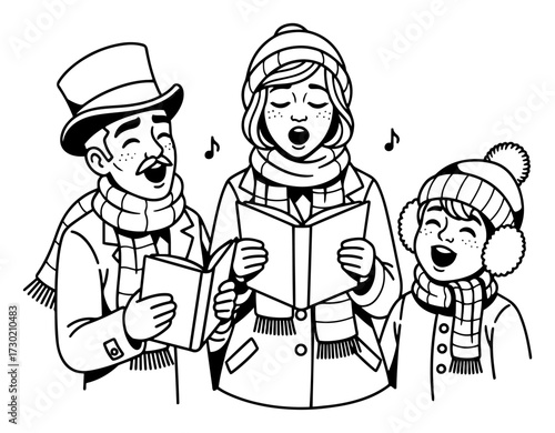Christmas Carolers Singing in Winter Hand Drawn Vector