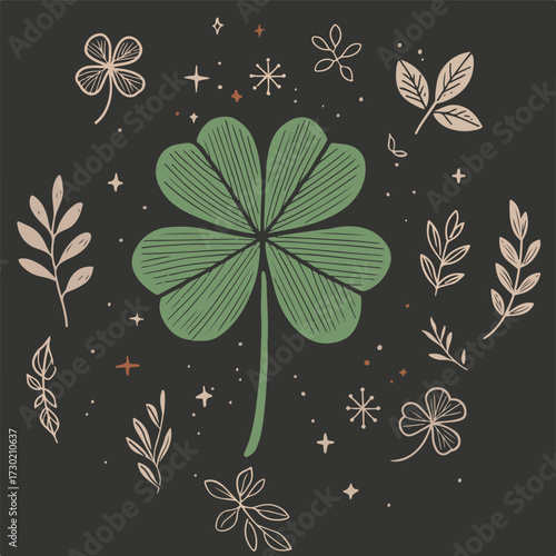 A hand-drawn illustration of a lucky four-leaf clover surrounded by delicate leaves and sparkling stars on a dark background.