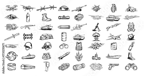 Military Equipment Icons Set Hand Drawn Vector