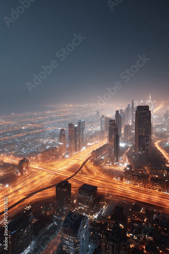 Highangle, long exposure city view at night. Roads glow with light trails, buildings create silhouettes in the distance. Great for travel, business, and tech concepts.