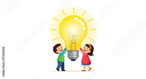 Two children working together to hold up a bright, glowing light bulb, symbolizing a shared idea or innovation.