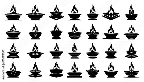 Diya Oil Lamp Icons Collection Pattern black shape vector laser cutting engraving monochrome print