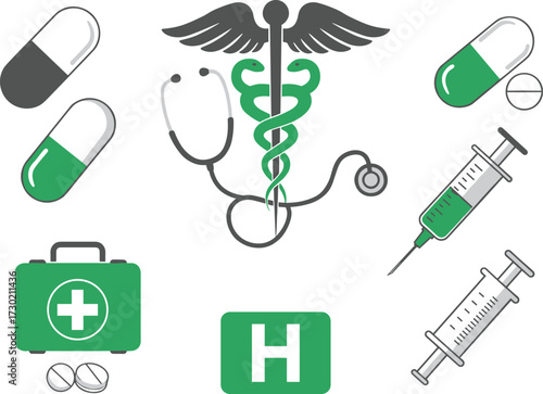 Medical healthcare illustration with stethoscope, syringe, pills, hospital cross, caduceus symbol, first aid kit, pharmacy design elements vector