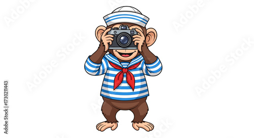 Cute cartoon monkey dressed as a sailor, holding a camera and taking a picture, isolated on a white background.