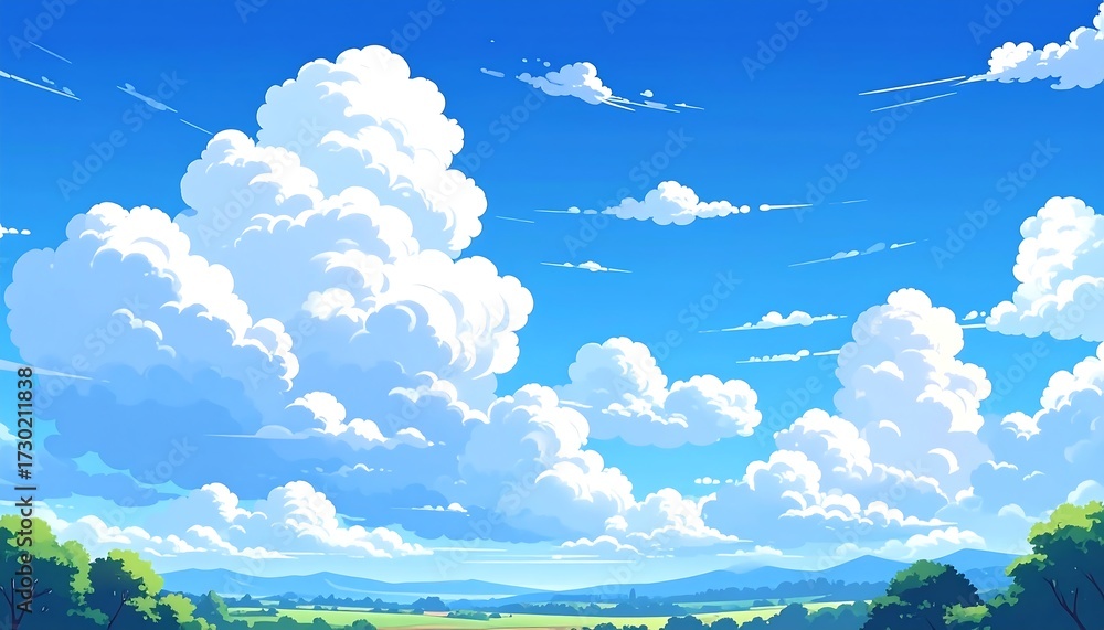 Fototapeta premium Vibrant digital painting of a sunny day with fluffy cumulus clouds dominating a clear blue sky over a tranquil landscape of rolling hills and green fields