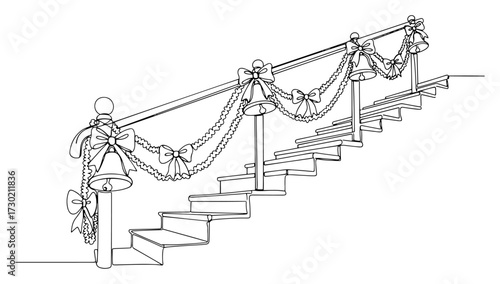 Stairs Decorated for Christmas in a Continuous Line Drawing Style