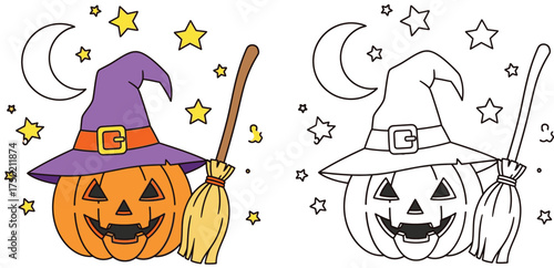 Adorable Halloween Pumpkin with Witch Hat and Broomstick Illustration for Festive Seasonal Designs and Crafts