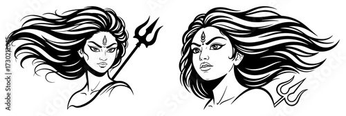 goddess set vector illustration with flowing hair fantasy comic outline design