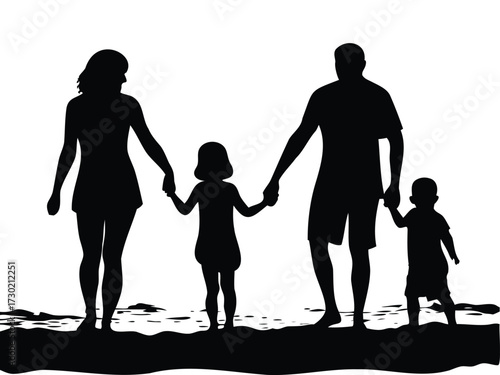 Family with Two Children Holding Hands Silhouette Illustration