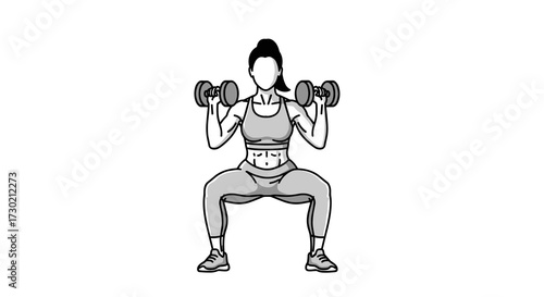 An athletic woman demonstrates proper form for a dumbbell squat, engaging her core and leg muscles during a strength training workout.