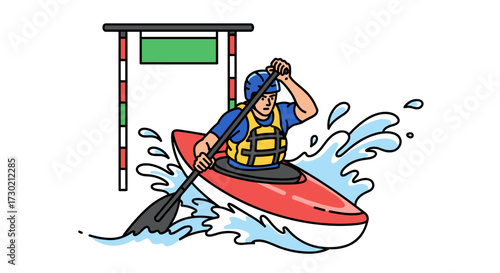 A determined kayaker navigates a challenging water slalom course, expertly paddling through splashing waves in a vibrant, modern vector illustration.