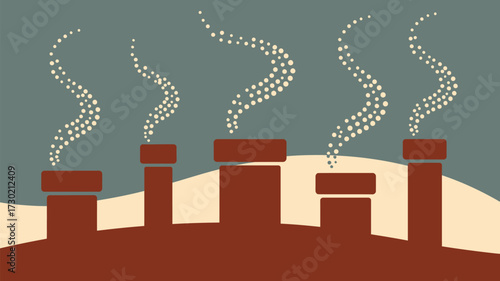 Illustration of factory chimneys emitting dotted smoke against a muted color background design art