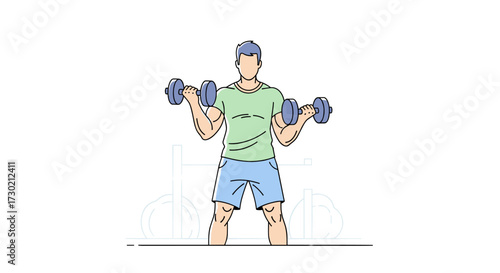 A determined young man performs bicep curls with dumbbells, showcasing strength and dedication in a modern, minimalist line art illustration.