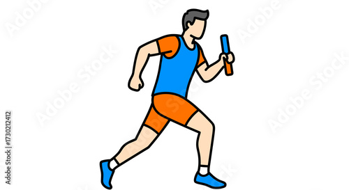 A dynamic vector illustration depicts a male athlete swiftly running with a baton during a competitive track and field relay event, symbolizing teamwork and speed.