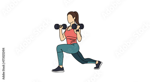 A fit woman demonstrates a dumbbell lunge exercise, emphasizing strength training and lower body fitness in a clean, modern illustration style.