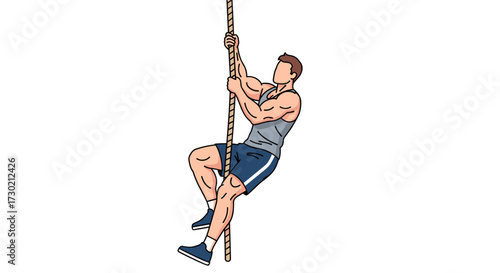 A determined male athlete demonstrates impressive upper body strength and agility while actively ascending a thick rope during an intense fitness workout.