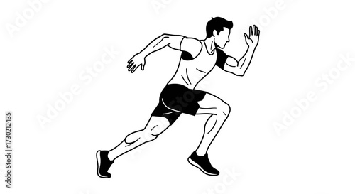 A dynamic black and white illustration depicts an athletic man sprinting forward with powerful strides, embodying speed, determination, and competitive spirit.