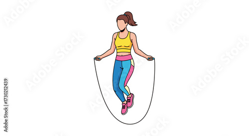 A fit young woman engages in a dynamic jump rope workout, demonstrating active lifestyle and healthy exercise routine with vibrant athletic apparel.