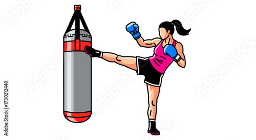 A determined female athlete delivers a powerful high kick to a heavy punching bag during an intense martial arts training session.