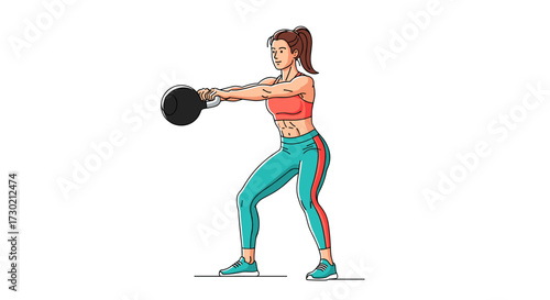 A determined woman in activewear performs a powerful kettlebell swing, demonstrating strength and fitness in a dynamic workout illustration.