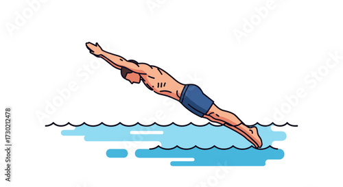 A dynamic vector illustration depicts a male swimmer gracefully diving into clear blue water, showcasing athleticism and fluid motion in a modern, minimal style.