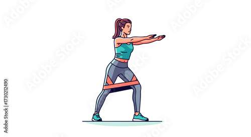 A fit woman performs a resistance band workout, strengthening her legs and glutes with a focused squat exercise in a clean, modern illustration style.