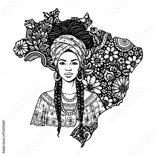 Brazil Map with Baiana Woman and Floral Pattern Hand Drawn Vector