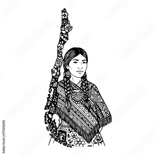 Chile Map with Indigenous Girl in Poncho Hand Drawn Vector