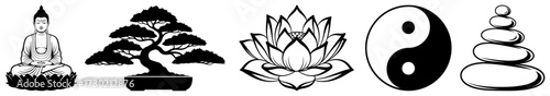 Zen Symbols Buddha Lotus Yin Yang Bonsai Set black shape vector laser cutting engraving monochrome print