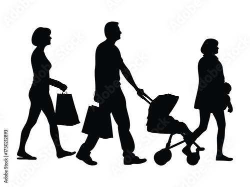 Parents with Stroller Walking Silhouette Illustration