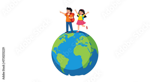 Two children stand atop the Earth, arms raised, symbolizing global travel and adventure.