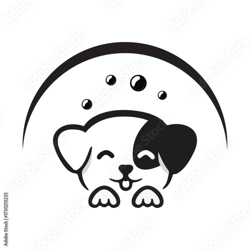 Adorable cartoon puppy peeking out with happy expression and bubbles
