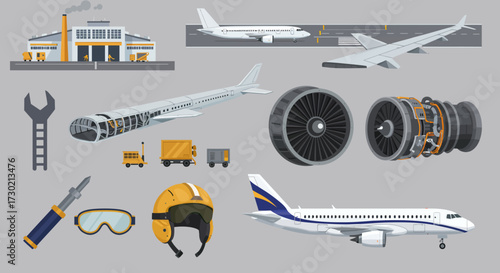 Collection of flatstyle aviation maintenance and aircraft components icons
