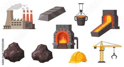 Collection of metallurgy and industrial icons factory ore furnace ingot ladle and crane