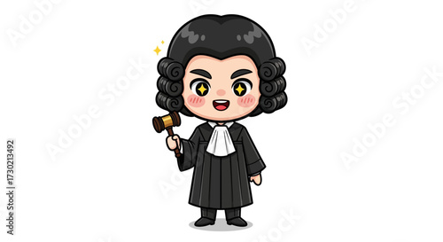 Cartoon judge with wig and gavel in black robe.