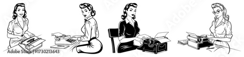 Vintage Illustrations of a Secretary with a Typewriter