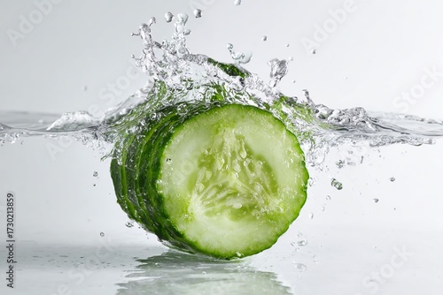Cucumber Splash: A refreshing cucumber slice plunging into crystal-clear water, creating dynamic splash. A culinary masterpiece captured, offering a cool, crisp visual experience.