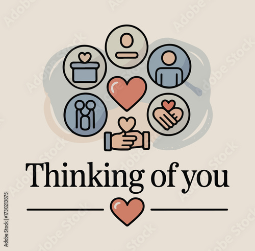 Warm thoughts and caring connections symbolized by hearts and diverse community icons