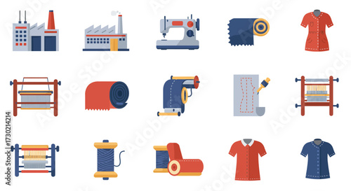 Set of 15 flat design icons related to textile and garment manufacturing