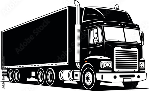 Sleek black semi-truck with trailer ready for long haul transport on the road.