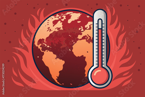 Stylized illustration of a thermometer next to a fiery globe symbolizing global warming.