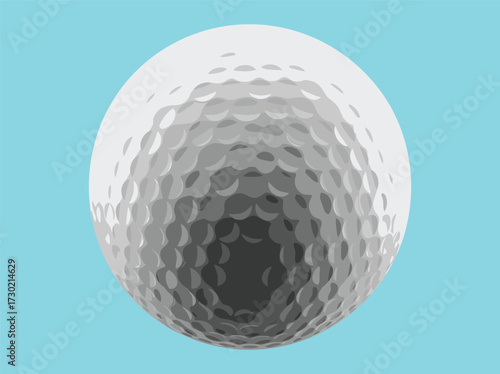 Realistic golf ball illustration, 3D white dimple texture pattern, sports equipment design, isolated round object, blue background vector artwork