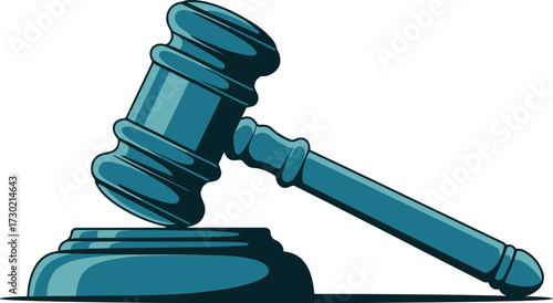 Symbol of justice and legal authority, a teal gavel rests on its block.