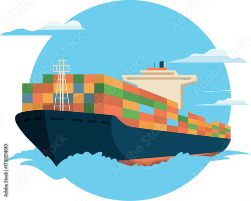 Massive cargo ship loaded with colorful containers sailing on a blue ocean under a clear sky.