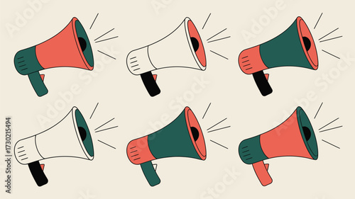 A seamless pattern of red green and white megaphones on a light background repeating across the image space