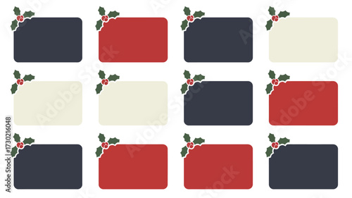 Twelve christmas themed rectangular frames with holly in the corners arranged in a grid pattern