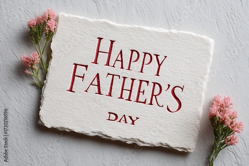 Elegant Handmade "Happy Father's Day" Card with Rustic Torn Edges on Textured Beige Background. Perfect Design for DIY Greeting Cards, Personalized Messages, and Father's Day Celebration.