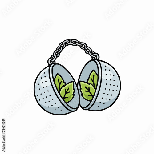 Open mesh tea infuser ball with fresh green leaves vector illustration scalable graphic