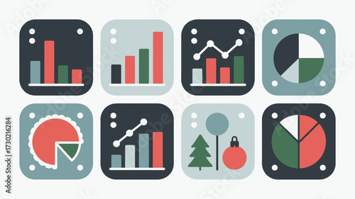 Collection of eight square icons displaying various graphs and a christmas themed icon design set up