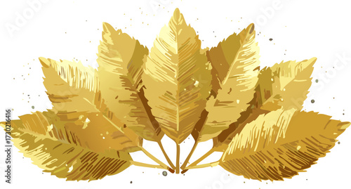 Elegant golden leaf fan emblem. A prestigious award symbol with shimmering texture, perfect for luxury branding and celebration